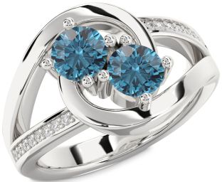 Blue Diamond Silver Round Two Stone Ring