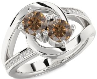 Chocolate Brown Diamond Silver Round Two Stone Ring