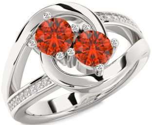 Diamond Fire Opal Silver Round Two Stone Ring