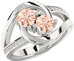Diamond Morganite Silver Round Two Stone Ring