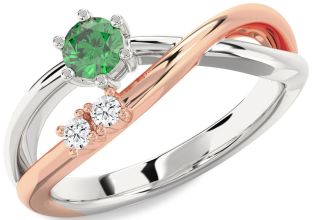 Diamond Emerald Silver & 10K Rose Gold Round Ring