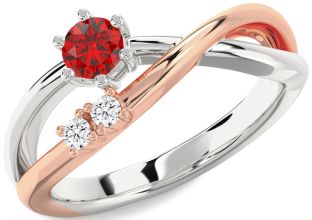 Diamond Ruby Silver & 10K Rose Gold Round Ring