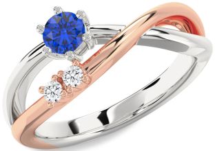 Diamond Blue Sapphire Platinum & Rose Gold Round Promise Ring
