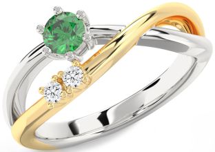 Diamond Emerald Platinum & Yellow Gold Round Ring