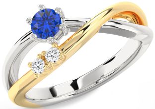 Diamond Blue Sapphire Platinum & Yellow Gold Round Promise Ring