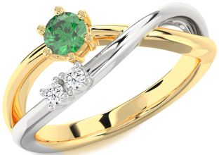 Diamond Emerald Platinum & Yellow Gold Round Ring