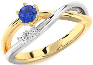 Diamond Blue Sapphire Platinum & Yellow Gold Round Promise Ring