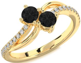 Black Diamond Gold Silver Round Two Stone Ring