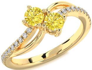 Yellow Diamond Gold Silver Round Two Stone Ring