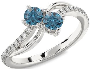 Blue Diamond Silver Round Two Stone Ring