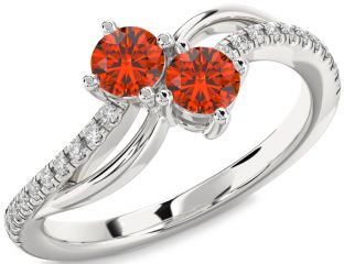 Diamond Fire Opal Silver Round Two Stone Ring