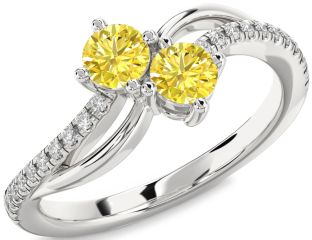 Yellow Diamond Silver Round Two Stone Ring