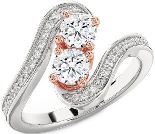 Diamond Silver & 10K Rose Gold Round Two Stone Ring