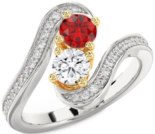 Diamond Silver & 10K gold Round Two Stone Pave Promise Ring