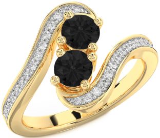 Black Diamond Gold Silver Round Two Stone Pave Ring