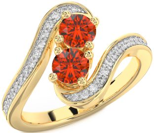 Diamond Fire Opal Gold Round Two Stone Pave Ring