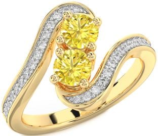 Yellow Diamond Gold Silver Round Two Stone Pave Ring