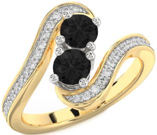 Black Diamond Gold Silver Round Two Stone Pave Ring