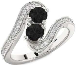Black Diamond Silver Round Two Stone Pave Ring