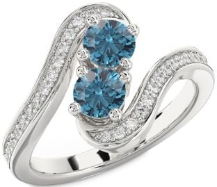 Blue Diamond Silver Round Two Stone Pave Ring