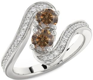 Chocolate Brown Diamond Silver Round Two Stone Pave Ring