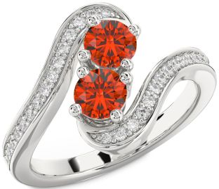 Diamond Fire Opal Silver Round Two Stone Pave Ring