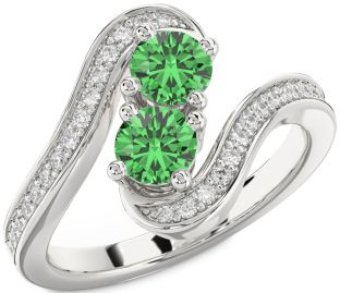 Diamond Green Sapphire Silver Round Two Stone Pave Ring