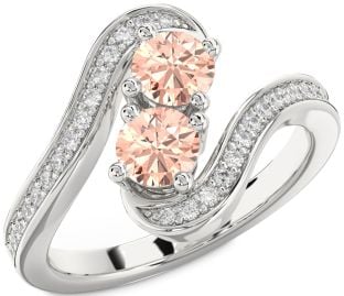 Diamond Morganite Silver Round Two Stone Pave Ring