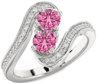 Diamond Pink Sapphire Silver Round Two Stone Pave Ring