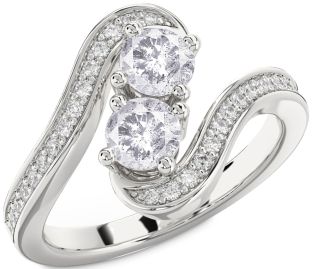 Salt & Pepper Diamond Silver Round Two Stone Pave Ring