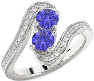 Diamond Tanzanite Silver Round Two Stone Pave Ring