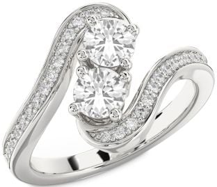 Diamond White Sapphire Silver Round Two Stone Pave Ring