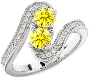 Diamond Yellow Sapphire Silver Round Two Stone Pave Ring