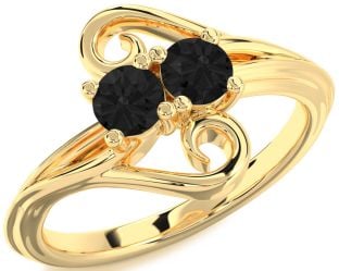 Black Diamond Gold Silver Round Two Stone Ring