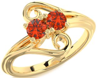 Fire Opal Gold Silver Round Two Stone Ring