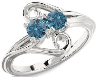 Blue Diamond Silver Round Two Stone Ring