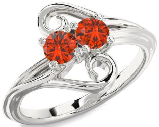 Fire Opal Silver Round Two Stone Ring