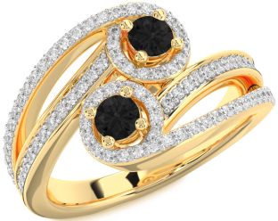 Black Diamond Gold Silver Round Two Stone Pave Ring