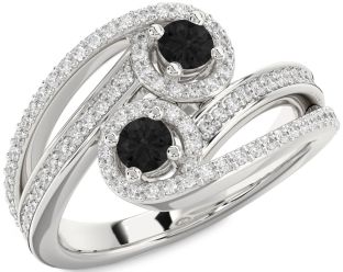 Black Diamond Silver Round Two Stone Pave Ring