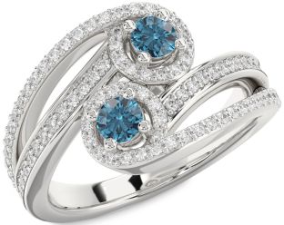 Blue Diamond Silver Round Two Stone Pave Ring