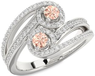 Diamond Morganite Silver Round Two Stone Pave Ring