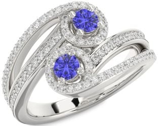 Diamond Tanzanite Silver Round Two Stone Pave Ring