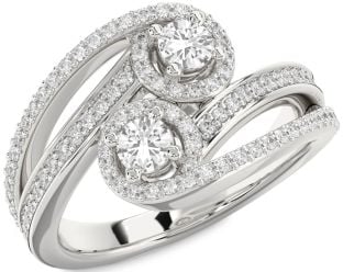 Diamond White Sapphire Silver Round Two Stone Pave Ring