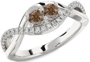 Chocolate Brown Diamond Silver Infinity Round Two Stone Ring