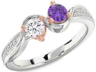 Diamond Silver & 10K Rose Gold Round Two Stone Promise Ring