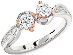 Diamond Silver & 10K Rose Gold Round Two Stone Ring