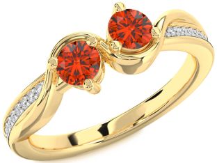 Diamond Fire Opal Gold Silver Round Two Stone Ring