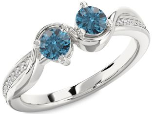 Blue Diamond Silver Round Two Stone Ring
