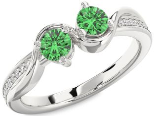Diamond Green Sapphire Silver Round Two Stone Ring