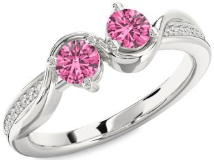 Diamond Pink Sapphire Silver Round Two Stone Ring